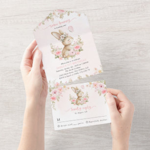 Konijn, Vlinder, Roze Bloemen, Eerste Verjaardag All In One Uitnodiging