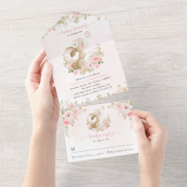 Konijn, Vlinder, Roze Bloemen, Eerste Verjaardag All In One Uitnodiging