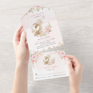 Konijn, Vlinder, Roze Bloemen, Eerste Verjaardag All In One Uitnodiging