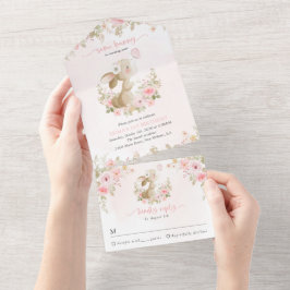 Konijn, Vlinder, Roze Bloemen, Eerste Verjaardag All In One Uitnodiging
