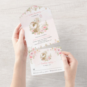 Konijn, Vlinder, Roze Bloemen, Eerste Verjaardag All In One Uitnodiging