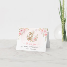 Konijn, Vlinder, Roze Bloemen, Eerste Verjaardag Bedankkaart