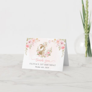 Konijn, Vlinder, Roze Bloemen, Eerste Verjaardag Bedankkaart