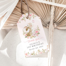 Konijn, Vlinder, Roze Bloemen, Eerste Verjaardag Cadeaulabel