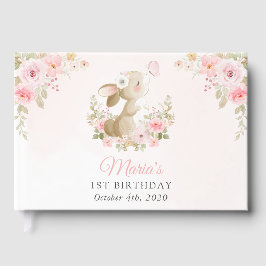 Konijn, Vlinder, Roze Bloemen, Eerste Verjaardag Gastenboek