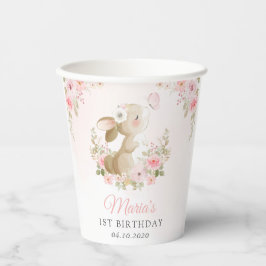 Konijn, Vlinder, Roze Bloemen, Eerste Verjaardag Papieren Bekers