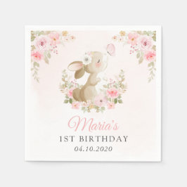 Konijn, Vlinder, Roze Bloemen, Eerste Verjaardag Servet