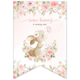 Konijn, Vlinder, Roze Bloemen, Eerste Verjaardag Vlaggetjes