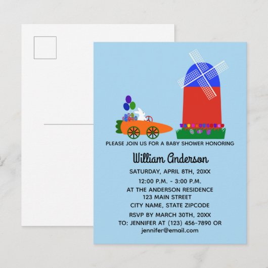 Konijn voor babyshower Auto Wortel Kaart#4 Uitnodi Uitnodiging Briefkaart (Voorkant / Achterkant)