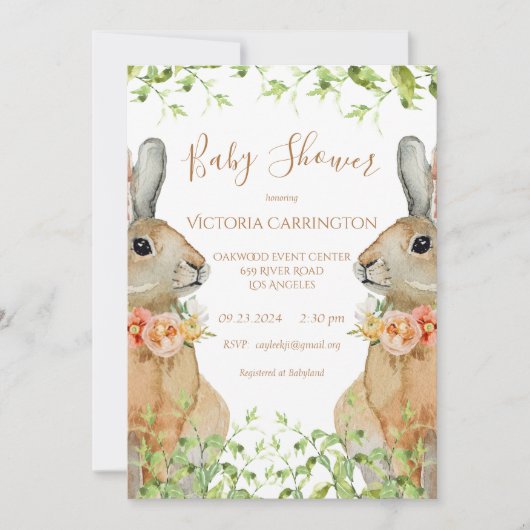 Konijn Waterverf Bloem Roze Meisje Baby Shower Uit Kaart (Voorkant)