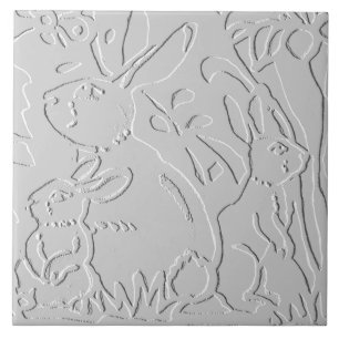 Konijn White Gray Embossed Floral Woodland Animal Tegeltje