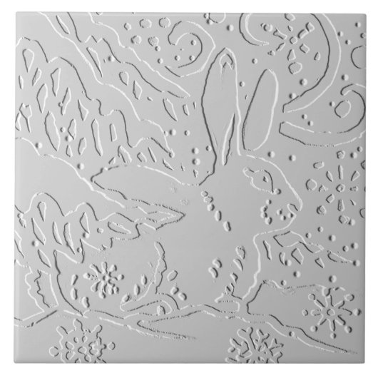 Konijn White Gray Embossed Woodland Snow Tegeltje (Voorkant)