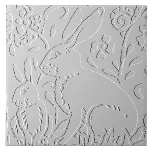 Konijn White Gray Floral Embossed Woodland Animal Tegeltje (Voorkant)