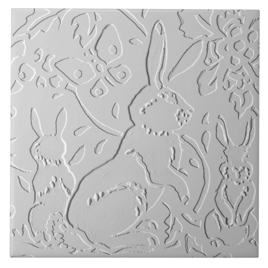 Konijn White Grey Black Embossed Woodland Animal Tegeltje (Voorkant)