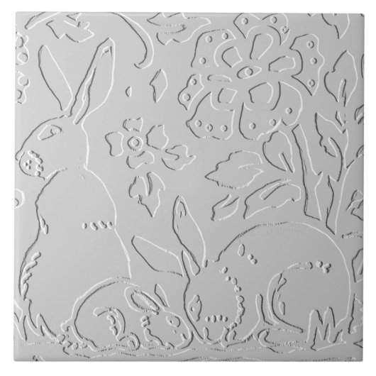 Konijn White Grey Black Embossed Woodland Animal Tegeltje (Voorkant)