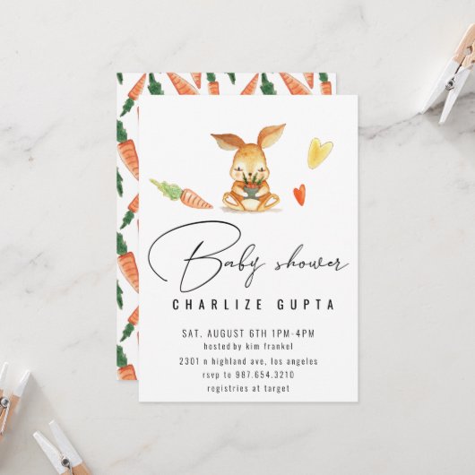 Konijn wortel hart  Baby Shower Uitnodiging meisje (Voorkant / Achterkant in situ)