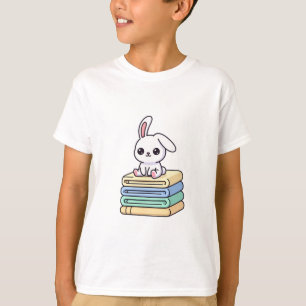 Konijn zit op kleurrijke kinderboeken t-shirt
