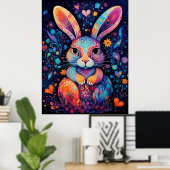 Konijn zittend bloemen harten poster (Thuiskantoor)