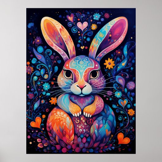 Konijn zittend bloemen harten poster (Voorkant)