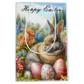 Konijn Zittend in Bloementuin Pasen Gift Bag Medium Cadeauzakje (Voorkant)