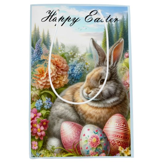 Konijn Zittend in Bloementuin Pasen Gift Bag Medium Cadeauzakje (Voorkant)