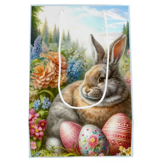 Konijn Zittend in Bloementuin Pasen Gift Bag Medium Cadeauzakje (Achterkant)