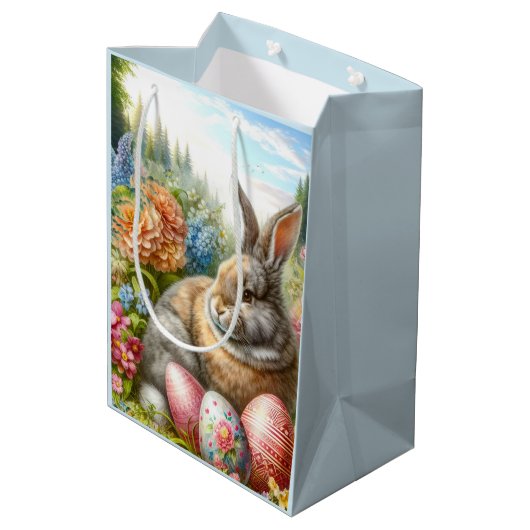 Konijn Zittend in Bloementuin Pasen Gift Bag Medium Cadeauzakje (Achterkant Gekanteld)