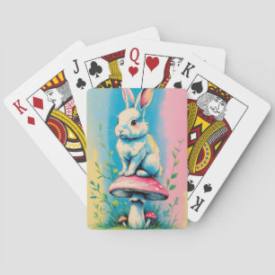 Konijn zittend op paddenstoel levendige pastel pokerkaarten