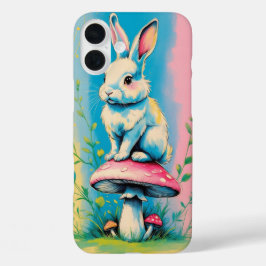 Konijn zittend op paddenstoel met levendige pastel iPhone 16 plus hoesje