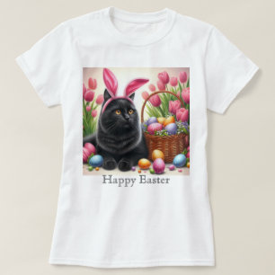 Konijn Zwart Kat Gelukkig Pasen Roze T-Shirt