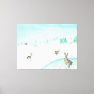 Konijnen die op sneeuw zitten en springen canvas afdruk