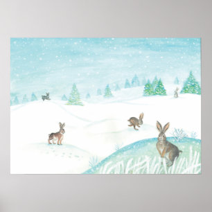 Konijnen die op sneeuw zitten en springen poster