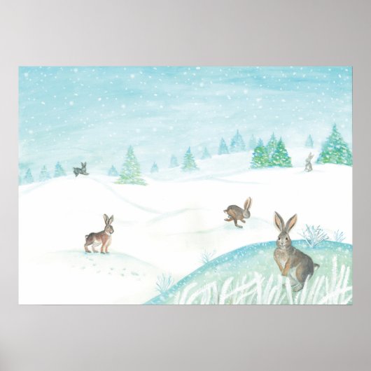 Konijnen die op sneeuw zitten en springen poster (Voorkant)