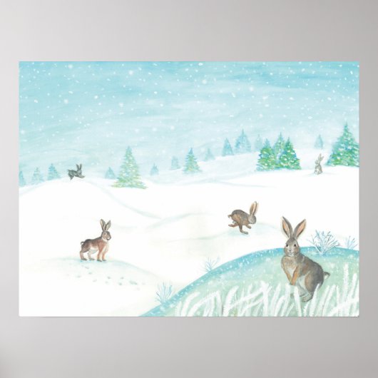 Konijnen die op sneeuw zitten en springen poster (Voorkant)