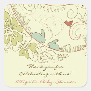 Konijnen en Bloemen Neutraal Dank U Baby shower Vierkante Sticker