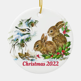 Konijnen en vogel genieten van sneeuw op Kerstmis  Keramisch Ornament