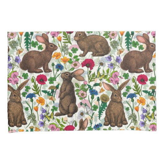 Konijnen en wilde bloemen kussensloop (Voorkant-Rechts)