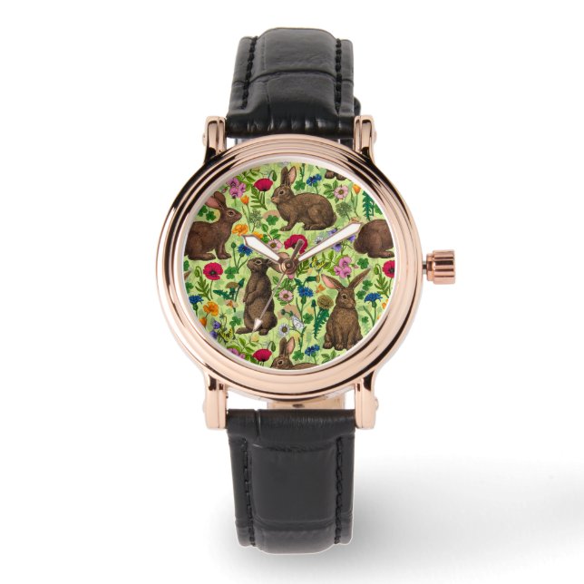 Konijnen en wilde bloemen op honingdauw groen horloge (Voorkant)