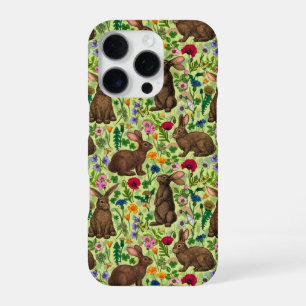 Konijnen en wilde bloemen op honingdauw groen iPhone 16 pro hoesje