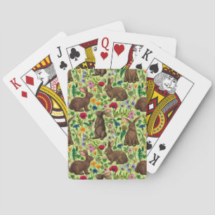 Konijnen en wilde bloemen op honingdauw groen pokerkaarten