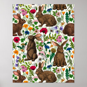 Konijnen en wilde bloemen poster