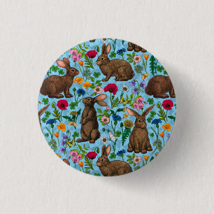 Konijnen en wilde bloemen ronde button 3,2 cm