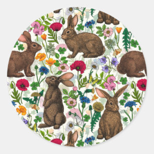 Konijnen en wilde bloemen ronde sticker