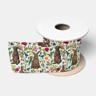 Konijnen en wilde bloemen satijnen lint