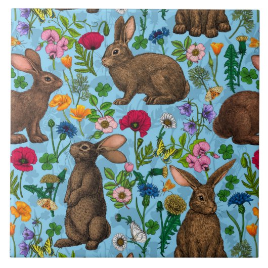 Konijnen en wilde bloemen tegeltje (Voorkant)