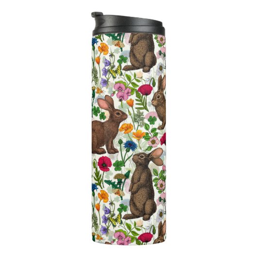 Konijnen en wilde bloemen thermosbeker (Geroteerd rechts)