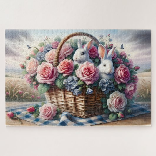 Konijnen genesteld tussen cottagerozen legpuzzel (Horizontaal)