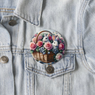 Konijnen genesteld tussen cottagerozen ronde button 7,6 cm