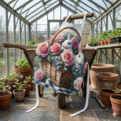 Konijnen genesteld tussen cottagerozen schort