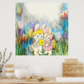 Konijnen in bloemen poster (Keuken)